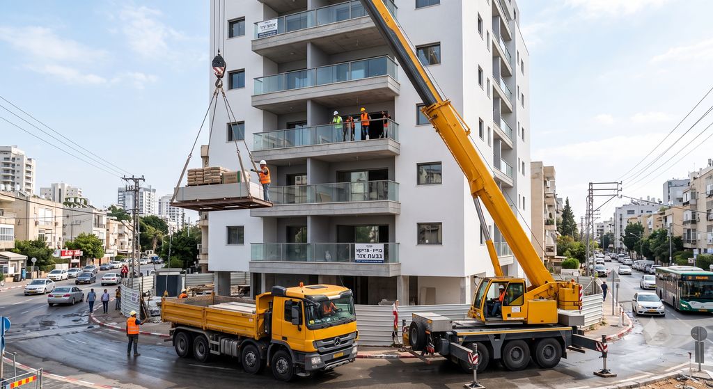 משאית מנוף מרימה חומרי בנייה לגובה